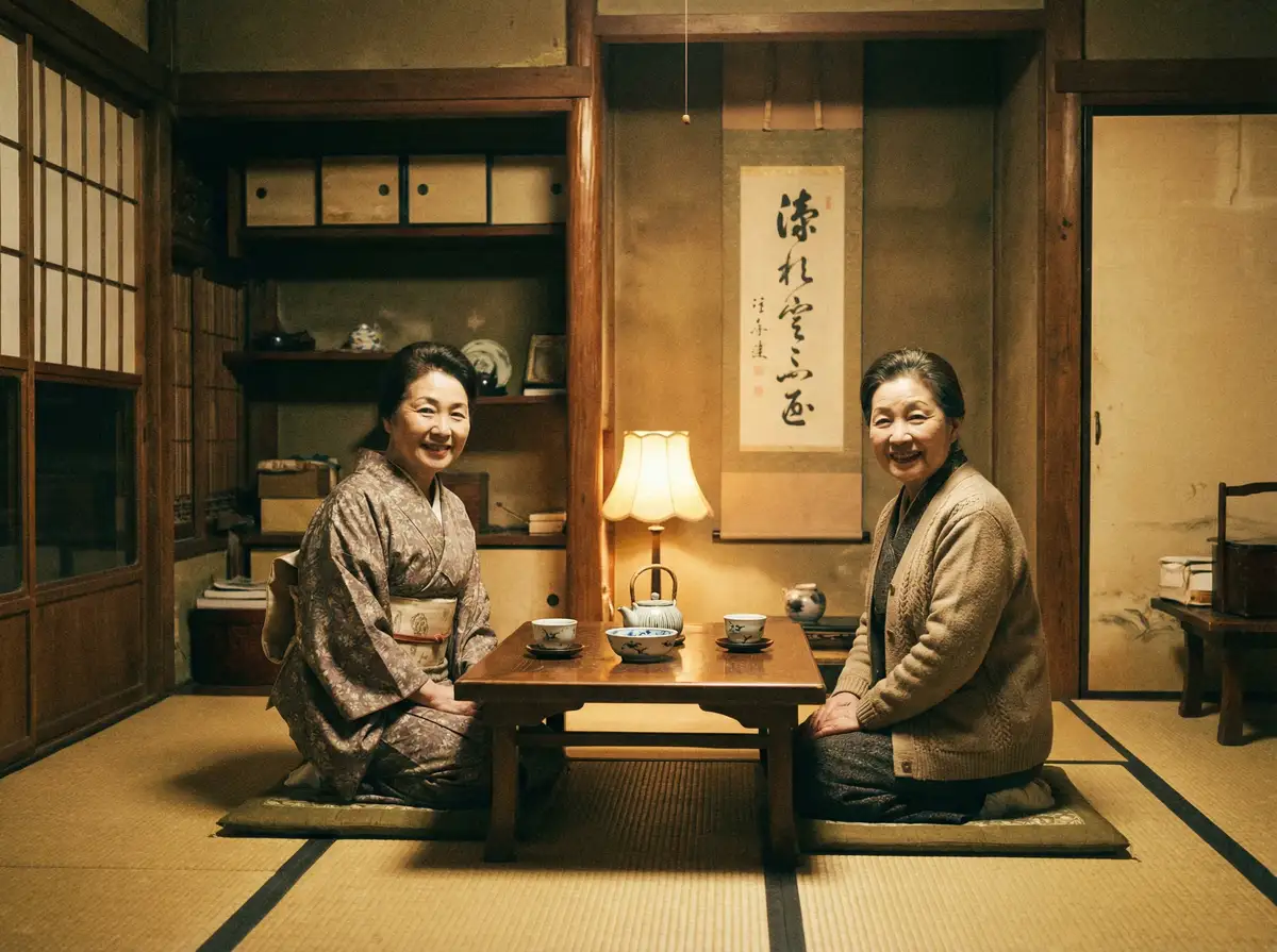 两位优雅的 黄色软件下载 在日式茶室中品茶交谈